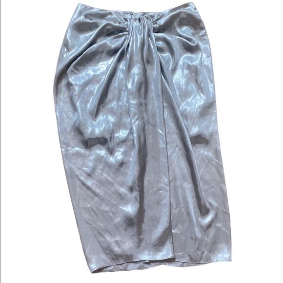 Zara Silver Silky Midi Skirt Size Large - Picture 1 of 5